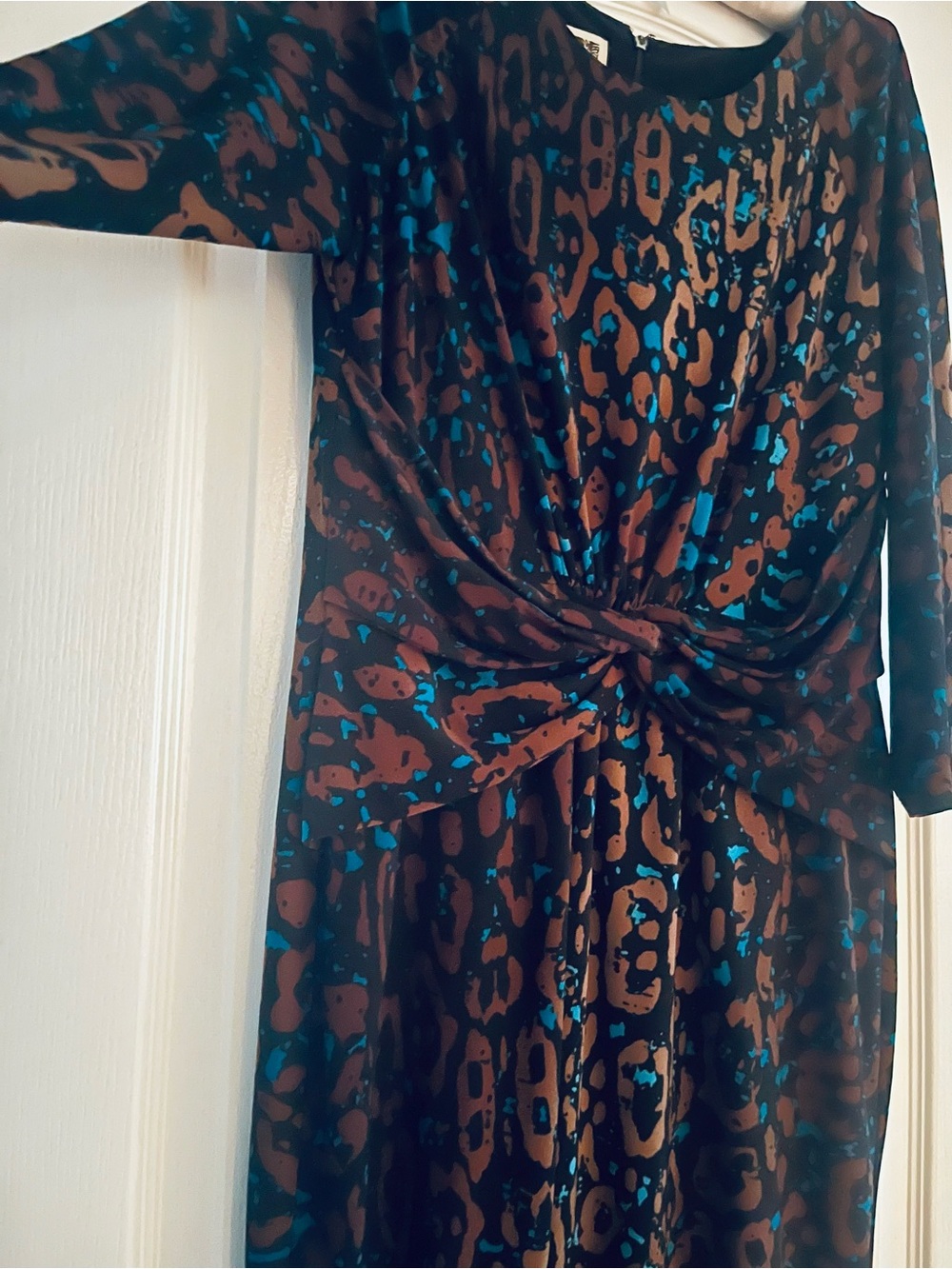 Anne Klein Brown and Teal Animal-Print Long Sleeve Knot-Front Dress